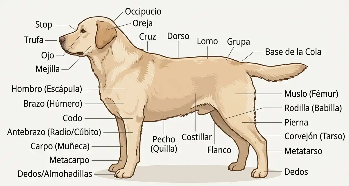 Anatomía Externa del perro con etiquetas de las diferentes zonas